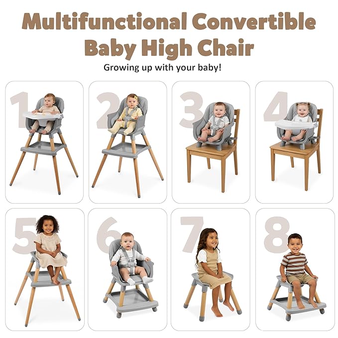 TODEFULL 8 in 1 Wooden High Chairs for Babies Toddlers, Convertible to Booster Seat, Baby Feeding Highchair w/ 5-Point Safety Harness, Removable Tray & Cushion, Gray