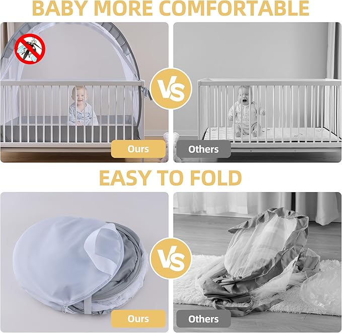 Lazyzzzz Crib Tent, Pop Up Mosquito Crib Net with Double Zipper Self-Locked,1200 Holes/Inch Mesh to Keep Baby from Climbing Out, Portable Easy Install Mosquito Net 55" L x 27" W x 51" H Grey