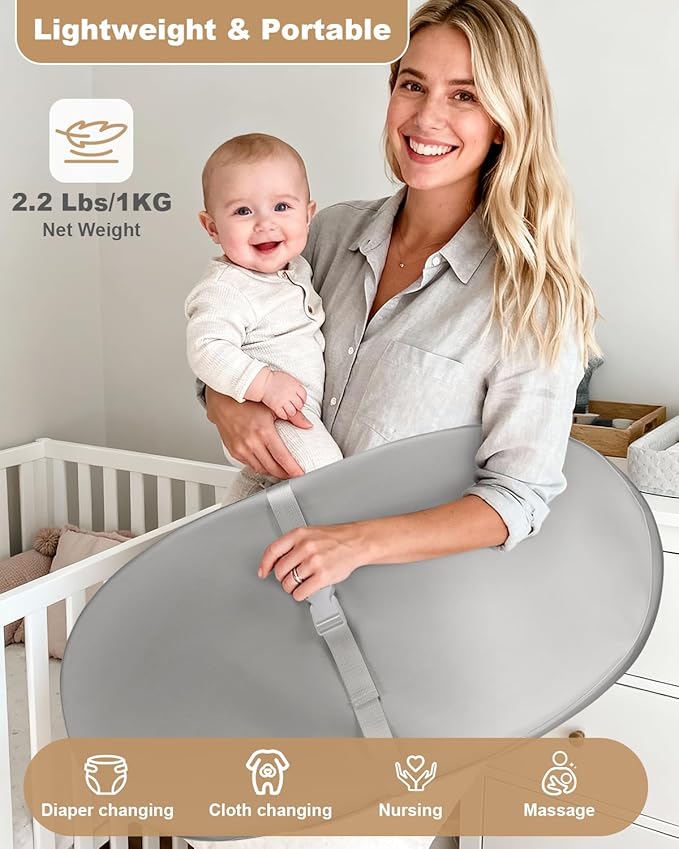 Baby Changing Pad with Waterproof & Wipeable PU Cover, Contoured Diaper Changing Pads for Dresser with Non-Slip Safety Belt, Portable Lightweight Changing Mat, Gray