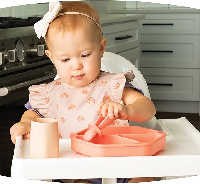 Tiny Twinkle Silicone Suction Baby Plate, Suction Grip Divided Dish for First Foods and Self-Feeding Toddlers, Baby Led Weaning Supplies for Independent Eating (Coral Plate)