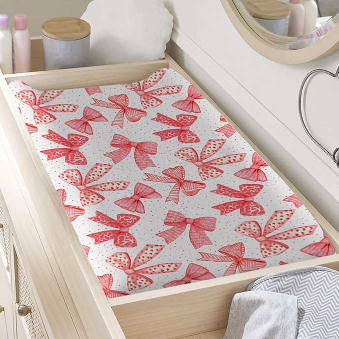 Red Valentine Bows Baby Changing Pad Covers for Girl 32''x16'' Girly Red Hair Bows Fitted Diaper Changing Table Sheets Valentine Hearts Love Soft Breathable Nursery Baby Changing Table Mats Red