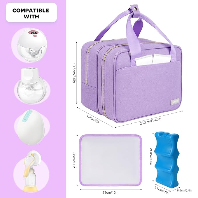 Wearable Breast Pump Bag with Cooler Compartment Compatible with Momcozy M5/S12 Pro, Elvie & Medela Pump in Style, Carrying Case with a Ice Pack & Waterproof Mat for Breast Pump and Accessories,Purple