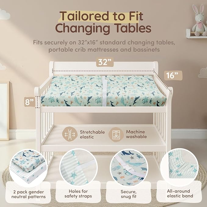 Baby Changing Pad Covers Girl 32"x16", 8" Deep Pocket - Diaper Changing Pad Cover Nautical, 100% Cotton Ocean Whale Diaper Change Table Sheet for Girl & Boy, 2 Pack, Designed in France, Teal-White