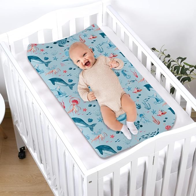 Nautical Animals Life Changing Pad Covers Sea Turtle Whale Jellyfish Sea Horse Weeds Unisex Diaper Change Table Sheets for Boys Girls Soft Breathable Stretch Changing Pad Sheets 32''x16'' Blue