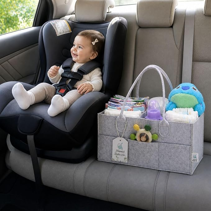 Hamid Baby Diaper Caddy Organizer – Includes Infant Face Cleaning Towel – Grey Large Portable Nursery Storage Basket with 3 Compartments, 8 Pockets, Removable Dividers – Car, Travel Diaper Bag