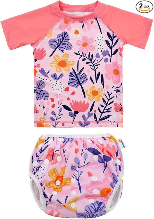 ALVABABY Baby Girl Swimsuit, 2-Piece Infant Toddler Bathing Short Sleeve Swimwear, Large Baby Reusable Swim Diaper with Matching Top