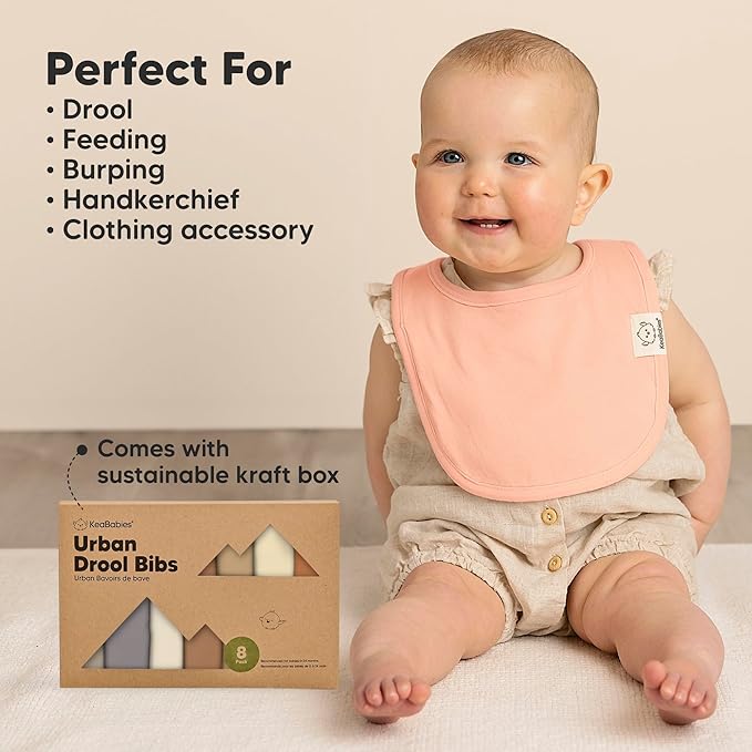 KeaBabies 8-Pack Organic Baby Bibs for Boys, Girls - Soft Cotton Drooling and Teething Bibs for Baby Girl & Boy, Extra Absorbent, Easy To Clean & Put On for Toddler, Newborn, Infant 0-24 Months(Dew)