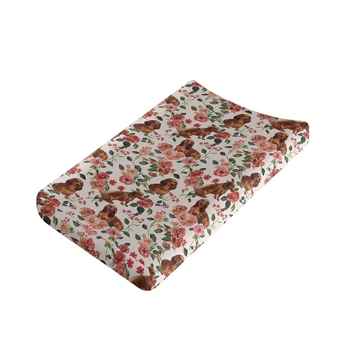 Dog Diaper Changing Table Pad Cover Soft Change Pad Cover for Baby Newborn Dachshund Rose Floral Baby Nursery Changing Mat Sheet Protector, One Size