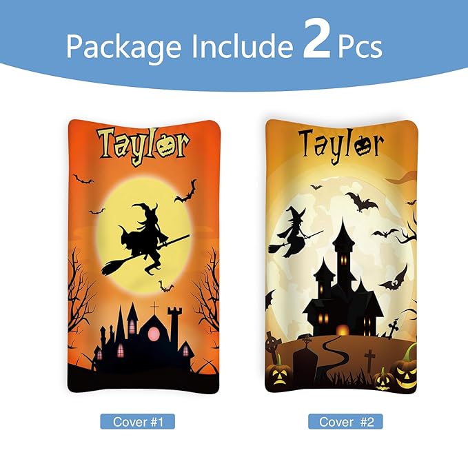 KAINSY Personalized Halloween Changing Pad Cover, Custom Diaper Change Table Sheets with Name, Witch Print Soft Jersey Knit Change Table Sheets for Toddler, 2 Pack Changing Pad Covers (16" x 32")