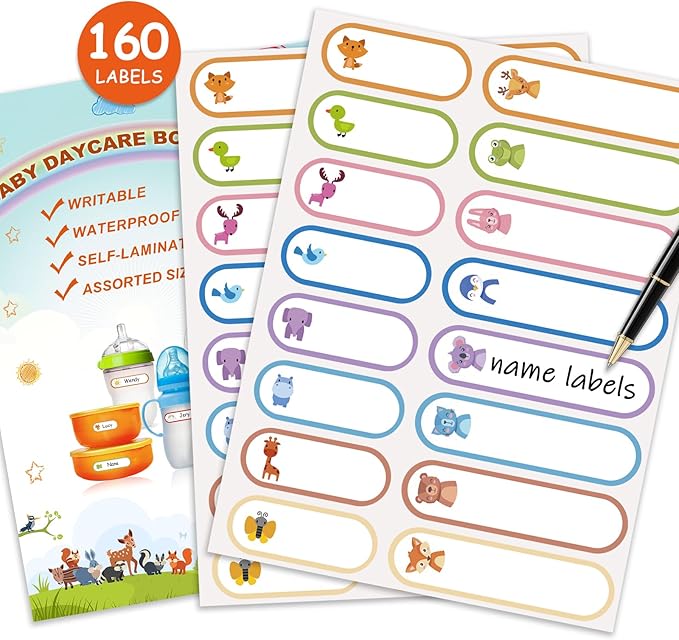 160 PCS Baby Bottle Labels for Daycare, Waterproof Write-On Kids Name Labels, Self-Laminating Self-Adhesive Bottle Strickers for Daycare School, Assorted Sizes & Colors