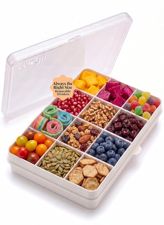 melii Snackle Box – 12-Compartment Divided Snack Container, BPA-Free Food Storage, Removable Dividers, Perfect for Kids Snacks, Arts & Crafts, Beads, and Kitchen Organization (White)