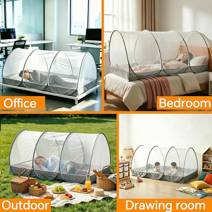 CMINGJ Portable Mosquito Net, Foldable Pop-Up Travel Bed Net, Free Installation Mosquito Tent, for Adults Bedroom Camping Nap Patio L78 x W39 x H35 inch (Double Door with Fabric Bottom & Gray Edge)