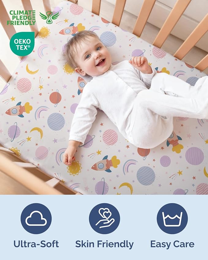 2-Pack Mini Crib Sheets Fitted - Pack N Play Sheets for Pack and Play Mattress - Stretchy Soft Microfiber Playard Bedding - Mini Toddler Bed Cover for Boys & Girls - Oeko-Tex - 38 x 24in, Space Girl