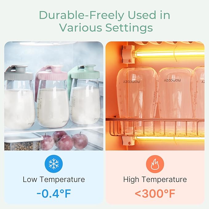Momcozy Breast Milk Pitcher, Resistant to Heat and Cold Abrupt Temp Swings, No Leak Glass Breast Milk Fridge Storage Container with Wide Mouth, Fast Baby Formula Maker, Green