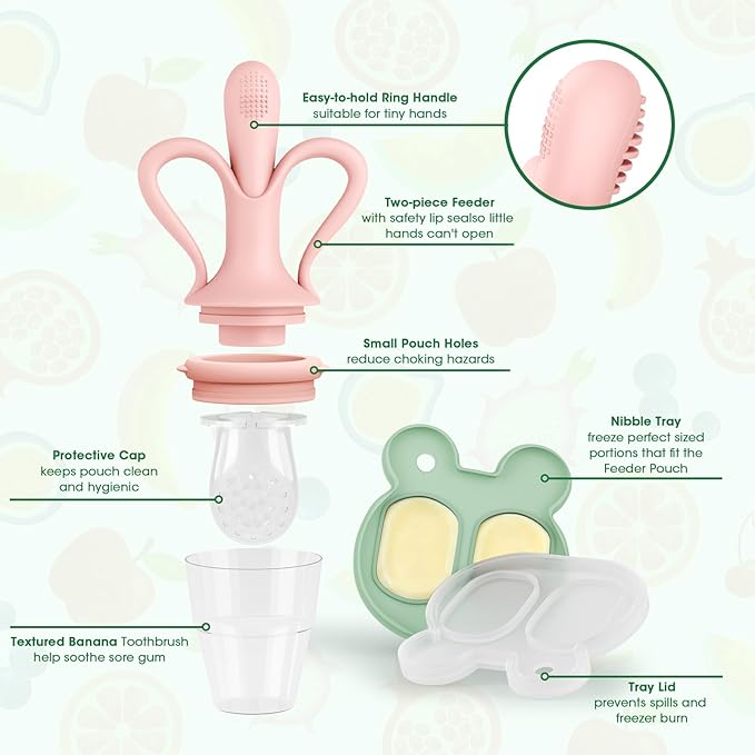 JEXFUN Baby Fruit Feeder & Breastmilk Popsicle Mold Set, Silicone Food Feeder Pacifier for Cooling Relief with 3 Replaceable Pouches, BPA-Free Teething Toy for Safe Infant Self Feeding (Pinkish)