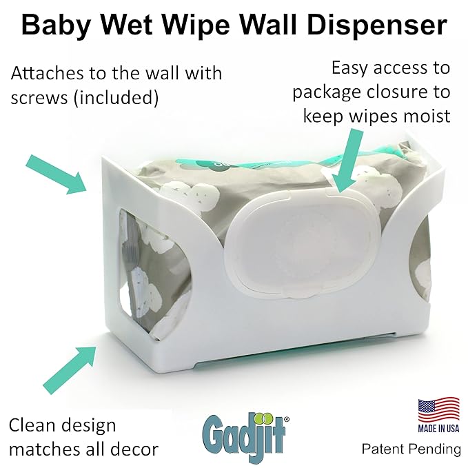 Gadjit Wet Wipes, Hand Wipes & Baby Wipes Wall Dispenser (2 Pack) | Mounts on a Wall and Holds Up to a 84 Count Pack | Keeps Wipes Within Easy Reach of Messes | One-Handed Dispensing
