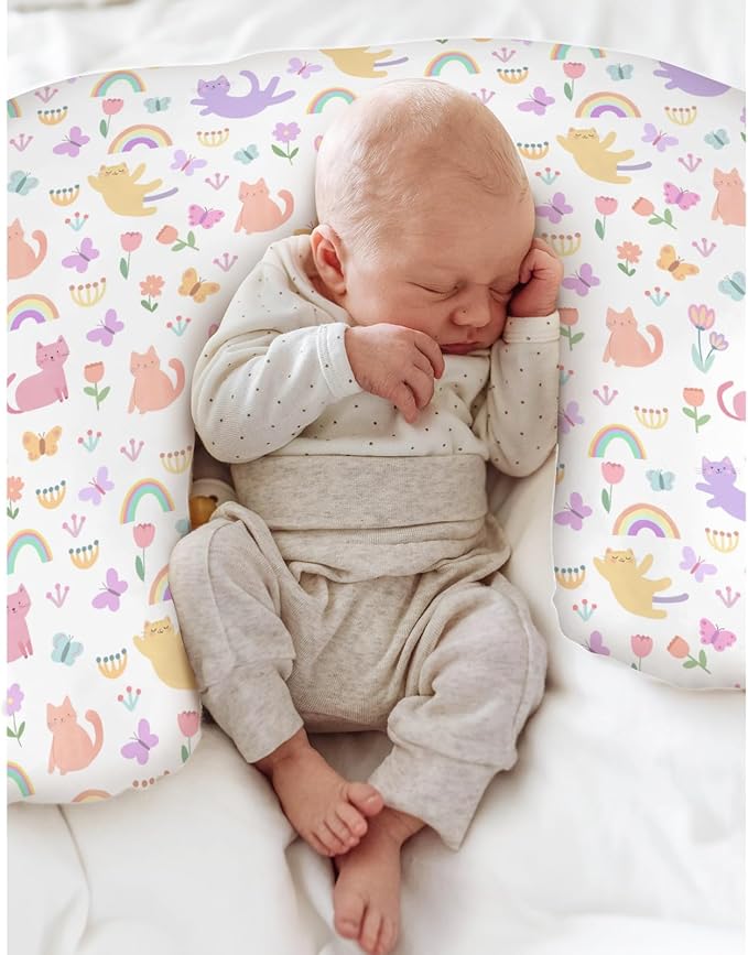 Colorful Cats Rainbow Flowers Baby Nursing Pillow Covers for Boy Girl Rainbow Cats Butterflies Nursing Slipcovers for Breastfeeding Pillows Cats Lover Gift Soft Stretchy Cover for Newborn Infant