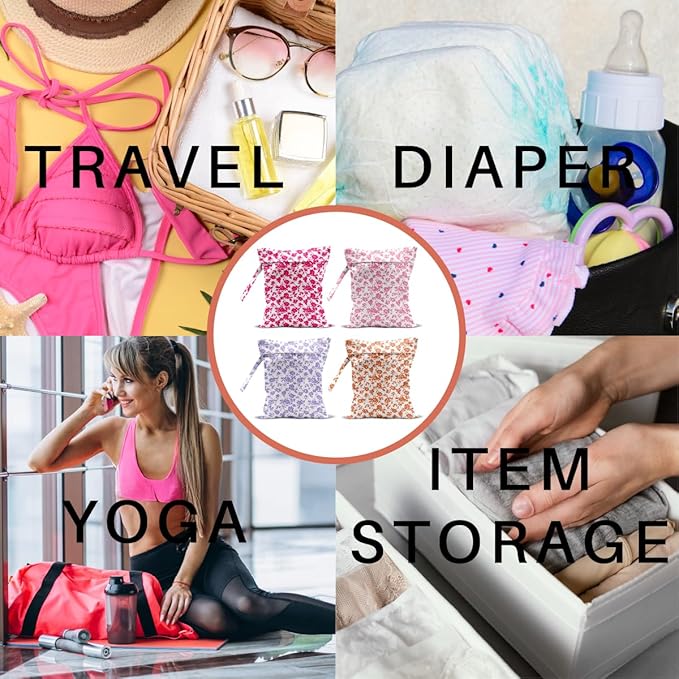 4 Pack Rose Floral Wet Bag Waterproof Washable Reusable Wet Dry Bag for Swimsuit Clothes Cloth Diaper Travel Beach Pool Yoga Gym Toiletries Gift for Women Sister Coworker Birthday Christmas