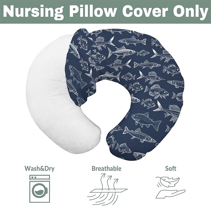 Navy Freshwater Fish Nursing Pillow Covers for Boy Girl Bass Carp Trout Salmon Lake Nursing Pillow Slipcovers for Breastfeeding Pillows Fishing Lover Gift Soft Stretchy Cover for Newborn Infant