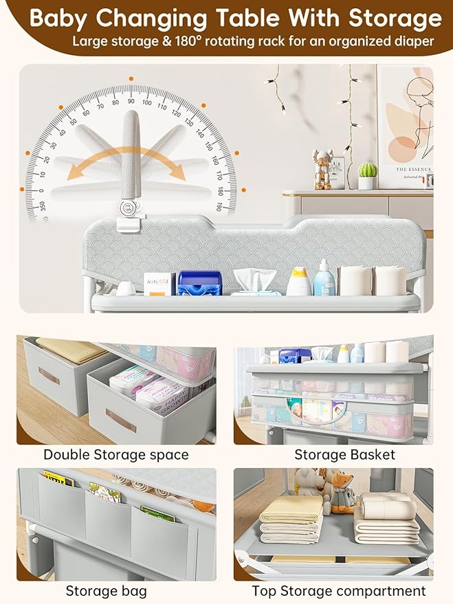 Baby Changing Table with Drawers, Waterproof Versatile Folding Diaper Changing Station with Storage, Adjustable Height, Portable Diaper Chang ing Station, Mobile Nursery for Infant and Newborn