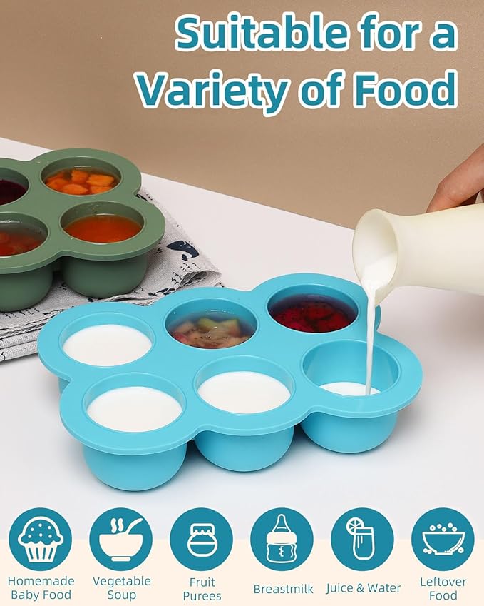Baby Food Freezer Tray with Lid, 6 x 3 Ounce Silicone Freezer Molds Storage Container for Homemade Baby Food, Breast Milk, Fruit Puree & Vegetables (Blue)