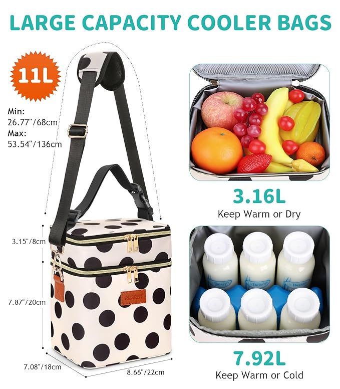 PIIOSER Breastmilk Cooler Bag with Ice Pack, Fits 6 Baby Bottles Up to 9 Oz, Stylish Baby Cooler Travel Bags with Shoulder Strap, Double Layer & Leakproof for Nursing & Working Moms, Black Polka Dots