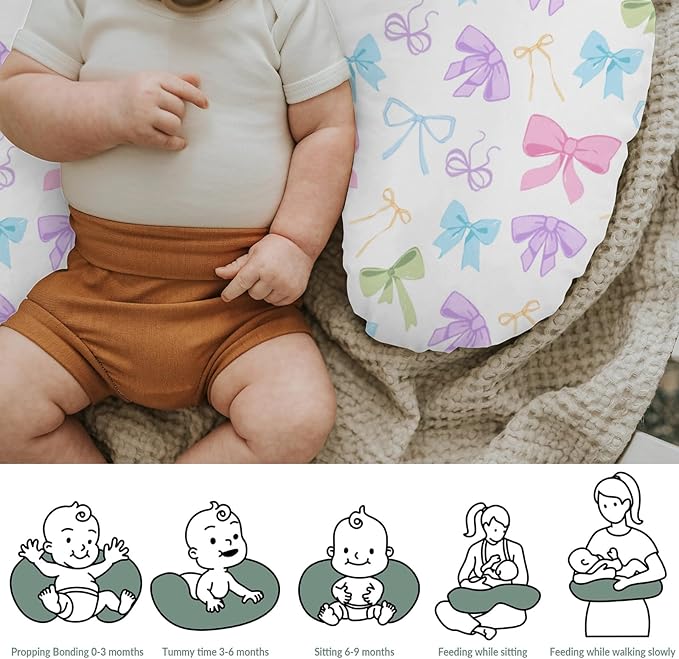 Spring Pastel Bows Baby Nursing Pillow Covers for Boy Girl Colorful Rainbow Bows Nursing Pillow Slipcovers for Breastfeeding Pillows Cute Girly Soft Stretchy Removable Covers for Newborn Infant