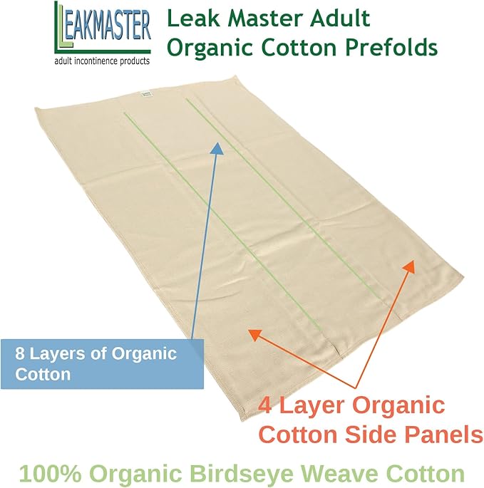 LeakMaster Organic Adult Prefold Cloth Diaper - Size Medium (32 to 42 Inch Waists)- 100% Organic Birdseye Weave Cotton - Extra Soft, Durable and Earth Friendly