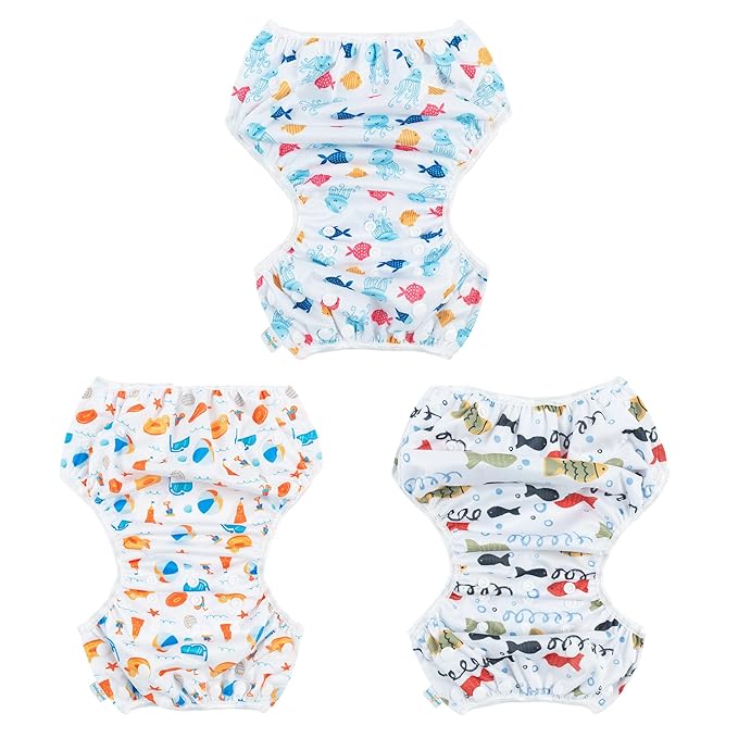 Babygoal Baby Swim Diapers 3 Pack for 0-8 Months Infant Girls and Boys, Reusable Adjustable Washable for Swimming Lessons-Fish,Duck