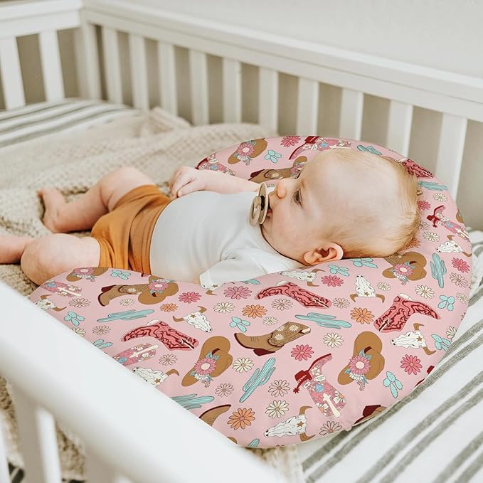 Boho Western Cowgirl Baby Nursing Pillow Covers for Girl Pink Cowgirls Boots Hat Cactus Floral Cow Skulls Nursery Slipcovers for Breastfeeding Pillows Wild West Soft Stretchy Cover for Newborn Infant