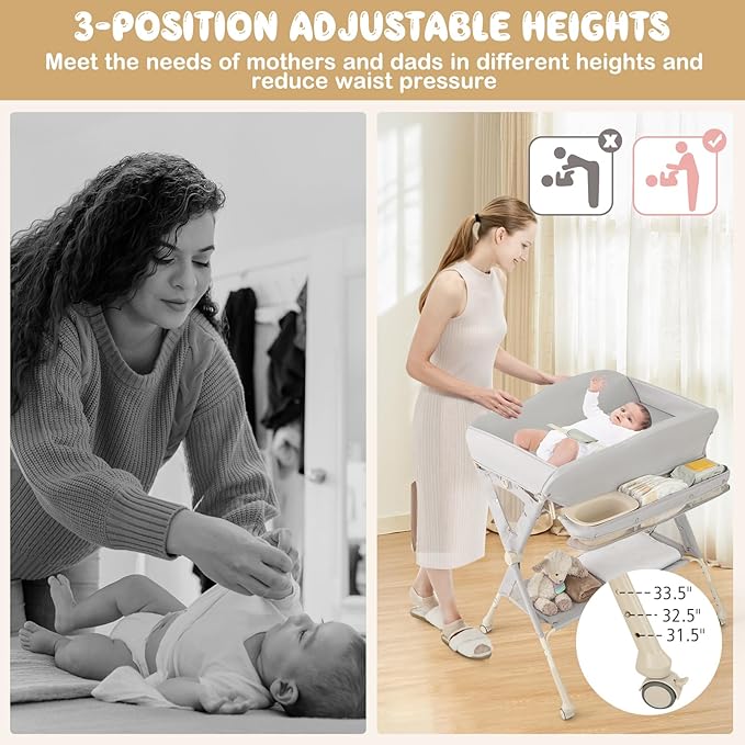 HONEY JOY Changing Table, Folding Mobile Diaper Nursery Organizer w/Wheel, 3 Adjustable Heights, Storage Bag & Open Shelf, Water Basin, Portable Baby Changing Station for Newborn Infant(Gray)