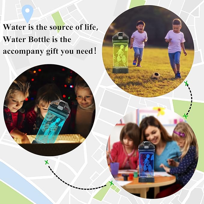 Attivolife Kids Watter Bottle, 3D Illusion LED Light with 7 Color Changing - 14 0z BPA Free - Creative Ideal Travel Cup Dinosaur Gift for School Kid Boy Child Holiday Camping Picnic (DinosaurPark)