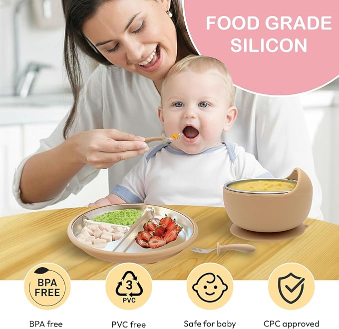 MOMERA Stainless Steel Baby Feeding Set | Suction Plate & Bowl with Spoon Fork | Divided Toddler Plate | BPA‑Free, Durable, Easy to Clean