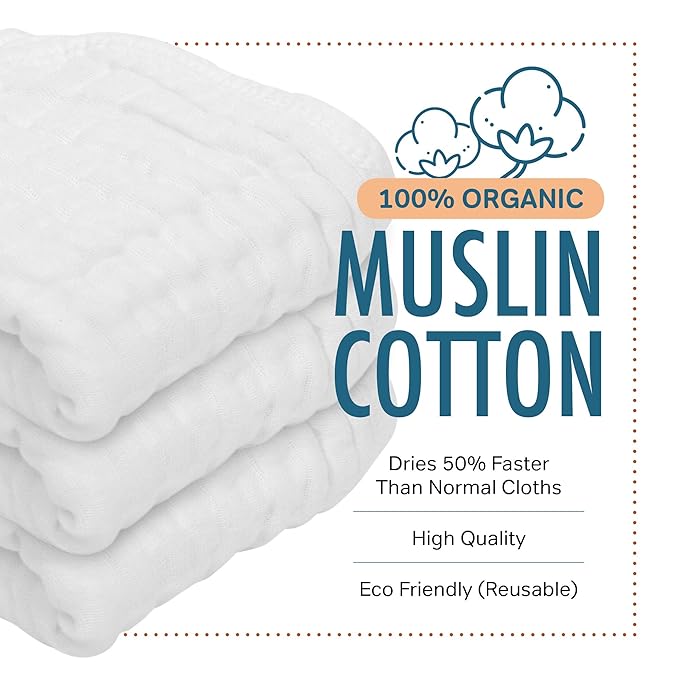 AllSett Health 10 Pack Muslin Burp Cloths Large 20" by 10" 100% Cotton, Hand Wash Cloth 6 Layers Extra Absorbent and Soft White