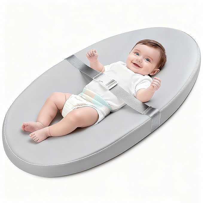Baby Diaper Changing Pad, Wipeable Baby Changing Pad for Dresser, Contoured Waterproof Changing Pad with PU Cover, Non-Slip Safety Belt & Bottom, Portable, Lightweight (Grey)