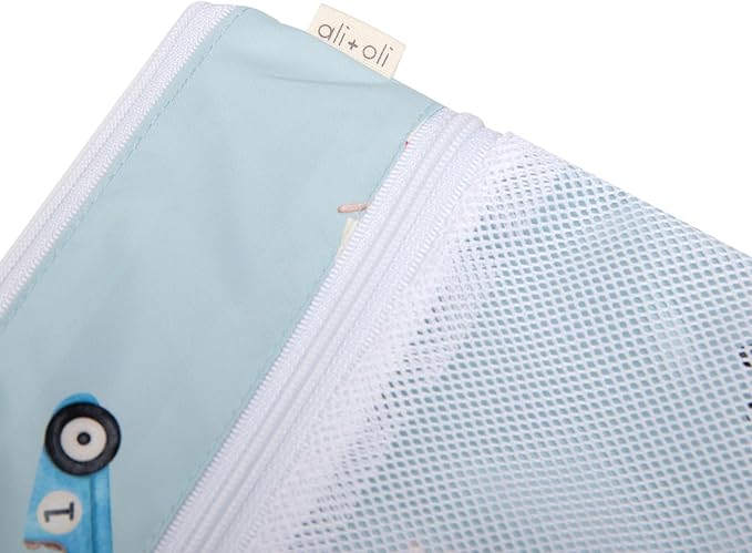 Ali+Oli Water Resistant Dual-Compartment Wet-Dry Bag for Travel, Hook to Stroller, Daycare, Diapers, Diaper Bag, Clutch Bag,15x12 inches (Retro Cars)
