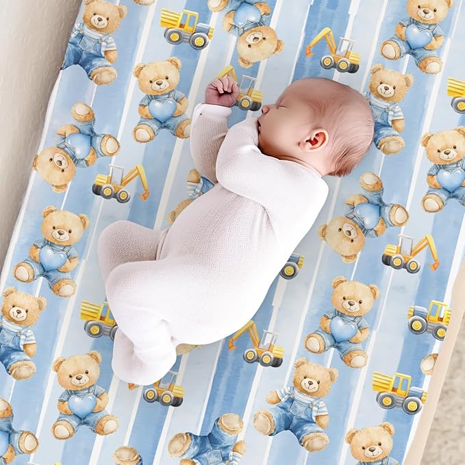 Cute Cartoon Bear Heats Construction Trucks Car Stripes Baby Changing Pad Cover, Unisex Bear Nursery Diaper Changing Table Pad Mat Sheet for Boys Girls-16x32