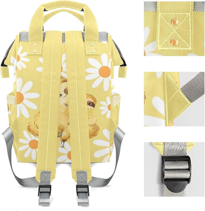 Sloth White Daisy Cute Diaper Bag Baby Nappy Bag Daughter Multi-Function Custom Baby Bag Picnic Diaper Carrying Bag Unisex Gifts with Name