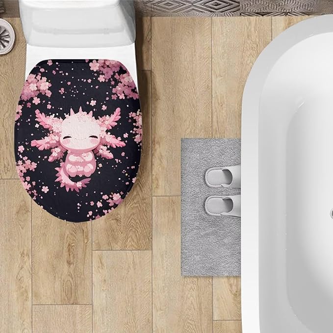 Axolotl Cherry Blossom Toilet Seat Covers for Bathroom Cozy Flannel Fabric Soft Bathroom Covers Keep Clean Tidy Suitable for Public Bathrooms Long-Term Travel Boarding