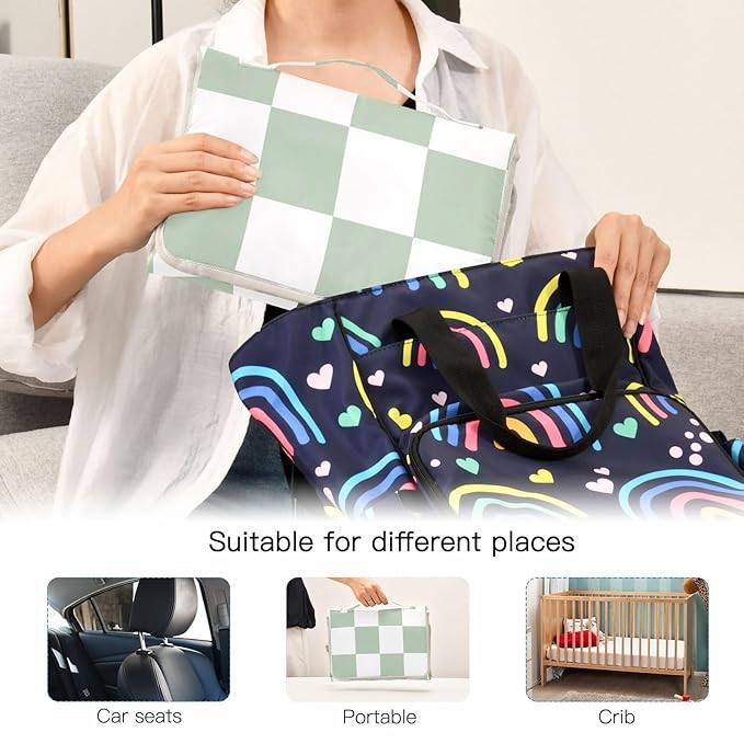 Portable Diaper Changing Pad Travel Baby Changing Mat Waterproof Diaper Changing Mat Foldable Lightweight Baby Changer with Built-in Pillow Checkered White and Green