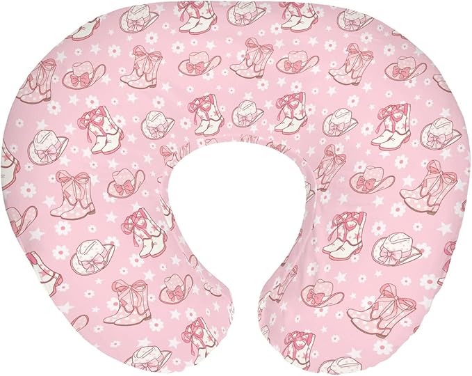 Pink Floral Bows Cowgirl Boots Hat Baby Nursing Pillow Covers for Girl Boho Western Cowgirls Stars Nursery Slipcover for Breastfeeding Pillows Country Soft Stretchy Removable Cover for Newborn Infant