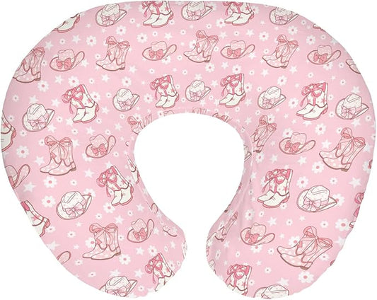 Pink Floral Bows Cowgirl Boots Hat Baby Nursing Pillow Covers for Girl Boho Western Cowgirls Stars Nursery Slipcover for Breastfeeding Pillows Country Soft Stretchy Removable Cover for Newborn Infant