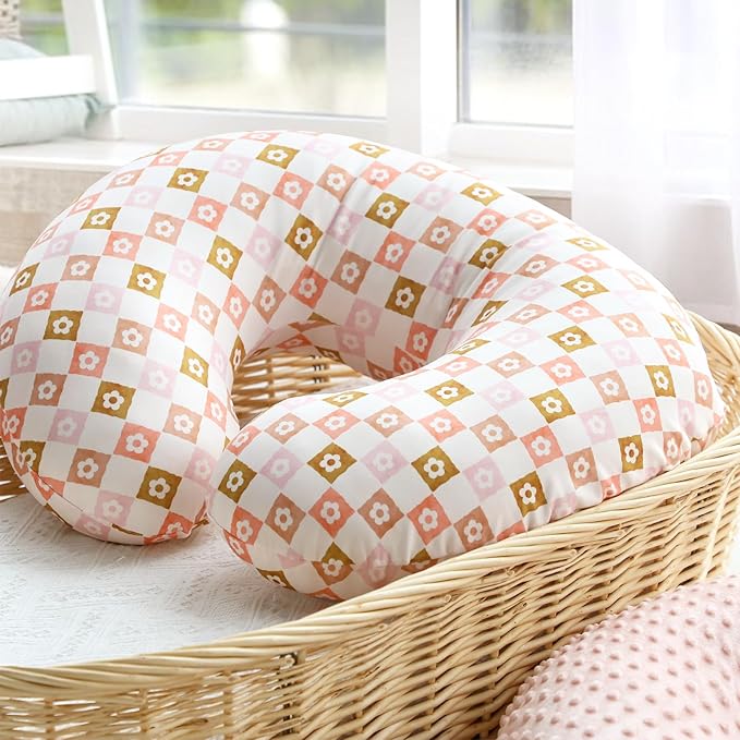 Nursing Pillow Covers 2 Pack, Orange Minky Dots Breastfeeding Pillow Slipcover for Baby Boys Girls, Ultra Comfortable Nursing Pillow Protector, Soft and Machine Washable, Flower Checkerboard
