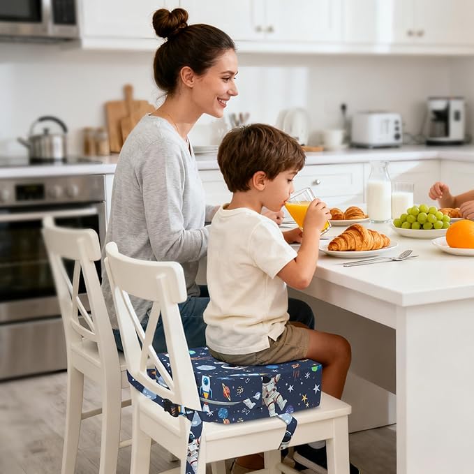 Toddler Booster Seat for Dining Table Kitchen Chair, Kids Booster Seat with Non-Slip Bottom and Adjustable Straps, 4" Detachable Washable Portable Travel Increasing Cushion (Astronaut)