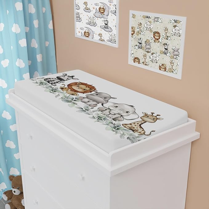 Baby Safari Animals Changing Pad Cover Cute Lion Elephant Giraffe Zebra Hippo Boho Green Leaves Change Table Pad Cover for Boys Girls Soft Stretch Fitted Diaper Changing Mat Sheets 32''x16''