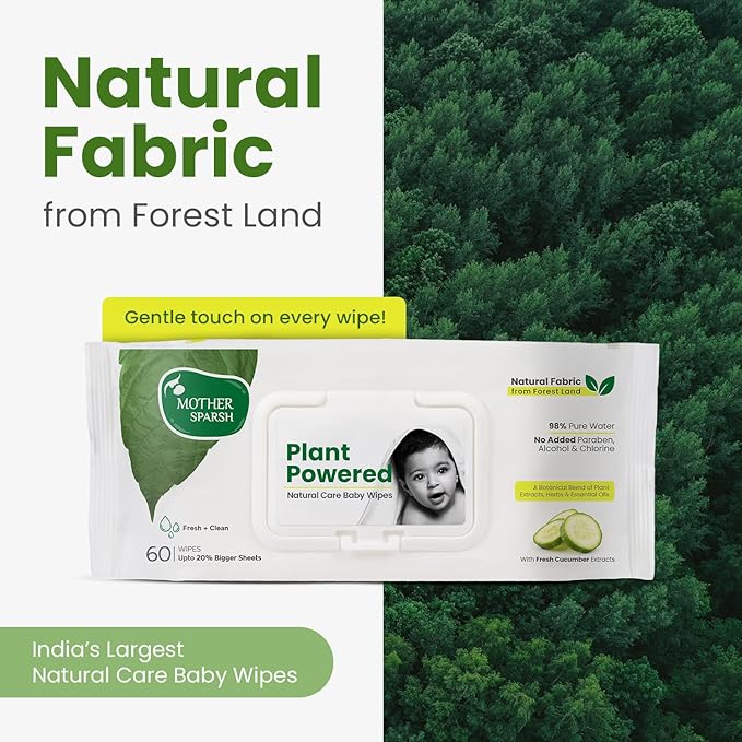Mother Sparsh Natural Care Baby Wipes I 100% Plant Made Fabric From Forest Land, Fresh + Cleanse (with Cucumber) Plant Powered Wet Wipes For Baby I Cotton Cloth Like Bigger Sheets