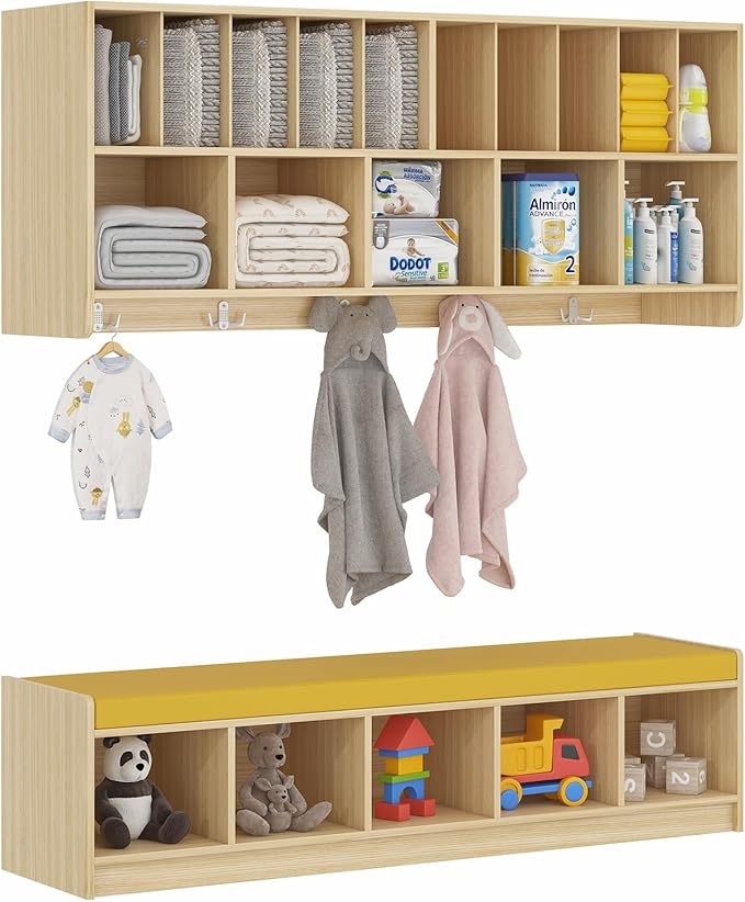 Kikihouse Wall Diaper Organizer for Daycares with Cubby Bench, Wooden Diaper Shelf with 5 Cubbies and 10 Small Storage, Daycare Cubbies for Nursery, Home, School