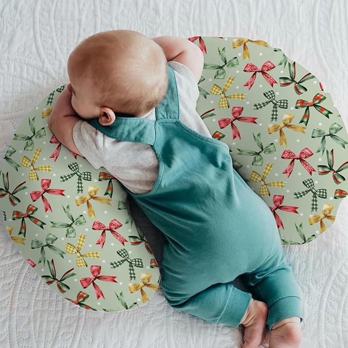 Christmas Bows Baby Nursing Pillow Covers for Boy Girl Winter Bows Plaids Nursing Pillow Slipcovers for Breastfeeding Pillows Girly Christmas Ribbons Soft Stretchy Removable Covers for Newborn Infant