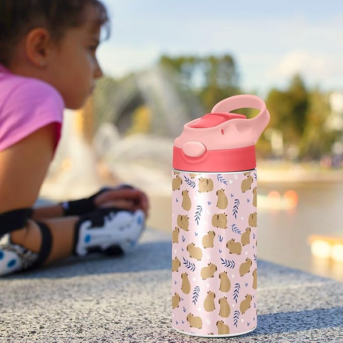 Cute Cat Kitty Girls Water Bottle with Straw and Carry Handle Cartoon Animals Pink Vacuum Insulated Stainless Steel Bottles Leak-Proof for Boys Kids Toddler 12 oz Pink Lid