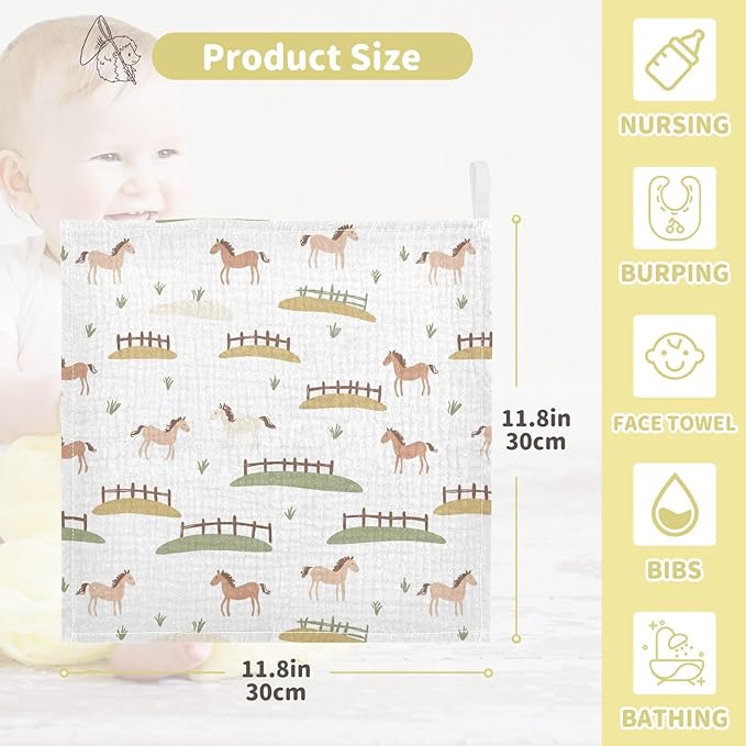 vvfelixl Baby Muslin Washcloths Cute Horses Fences Baby Burp Cloths Cotton Babys Face Towel for Newborn Infants Boys Girls Soft and Absorbent 11.8 X 11.8 in, 3 Pack